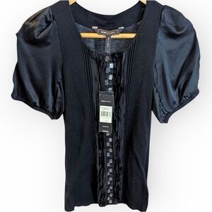 BCBGMAXAZRIA NWT XS, Black Silk Sleeve Jewel Mesh Pleat Knit Blouse